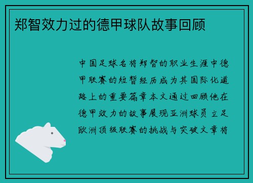 郑智效力过的德甲球队故事回顾