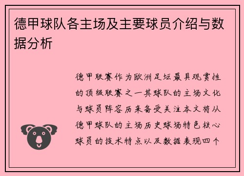 德甲球队各主场及主要球员介绍与数据分析